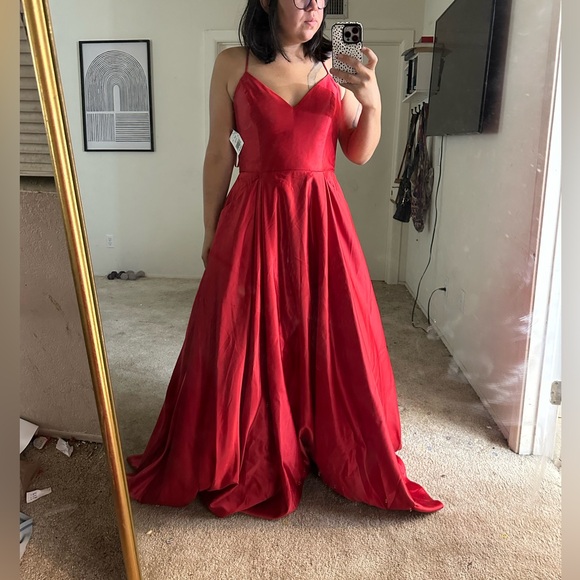 David's Bridal Red Satin Ball Gown - Picture 2 of 12